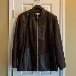 Faux butter soft vegan leather and suede jacket in the color espresso.